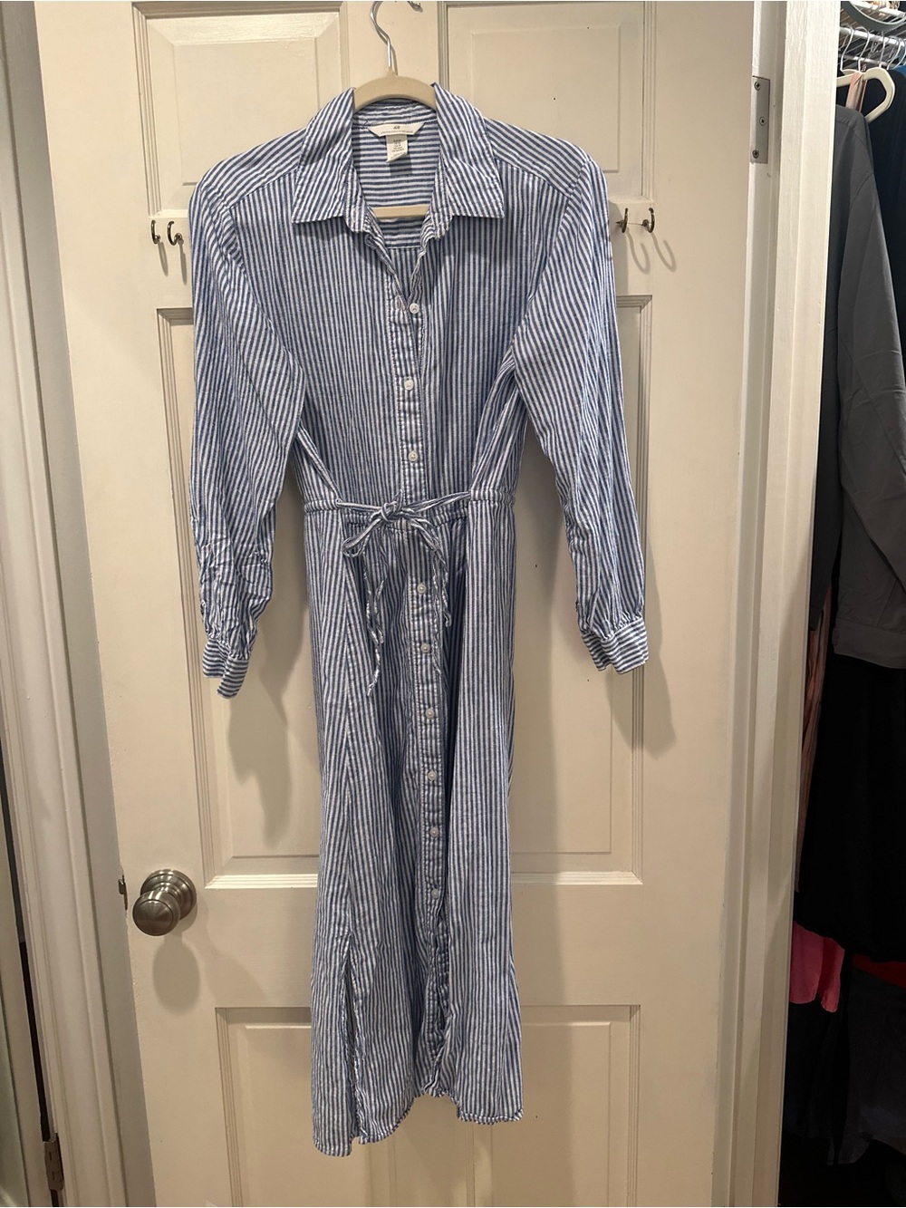 H&M Blue and White Striped Maxi Shirt Dress with Tie Waist